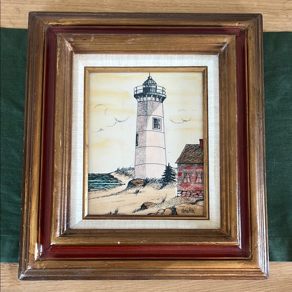 Framed Lighthouse Artwork with Gold and Brown/Red Wooden Frame